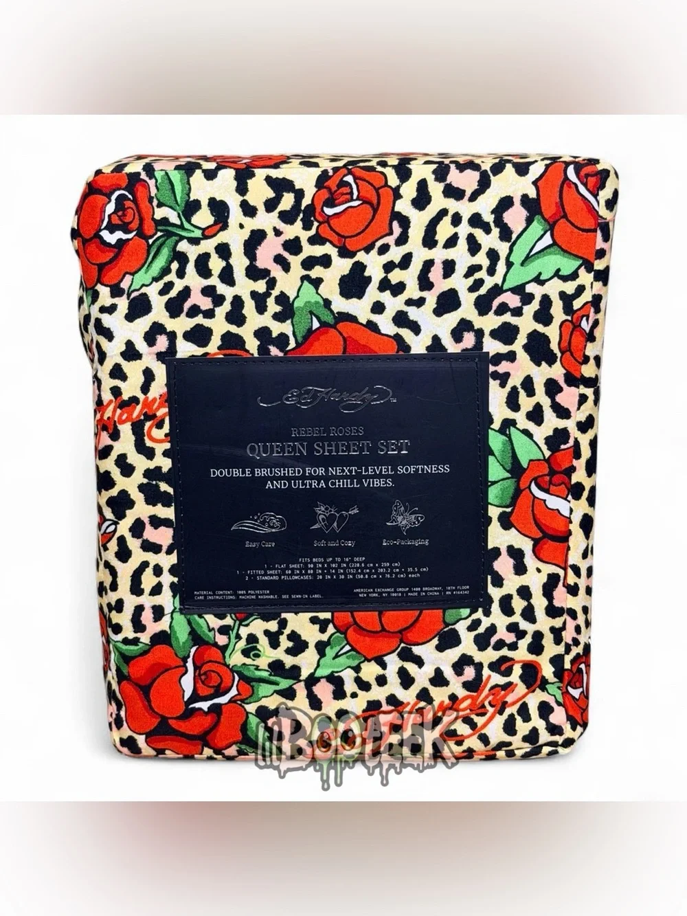 Ed Hardy 4-Piece Queen Sheet Set Leopard Print w Roses NEW VIRAL Y2K